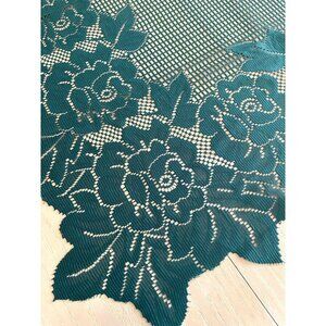 VTG Square Tablecloth Open Weave Cutout Green Lace Rose Flower Floral Holiday